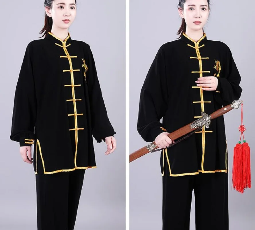 Wholesale New Chinese Men Women Kung Fu Suits Embroidered Golden Dragon Long Sleeve Tai Chi Martial Art Uniform Clothing Set