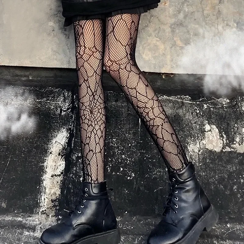 Gothic Lace Stockings Mesh Tights Y2k Women Black White Fishnets Pantyhose Sexy Lingerie Heart Cosplay Lolita Leggings for Girls