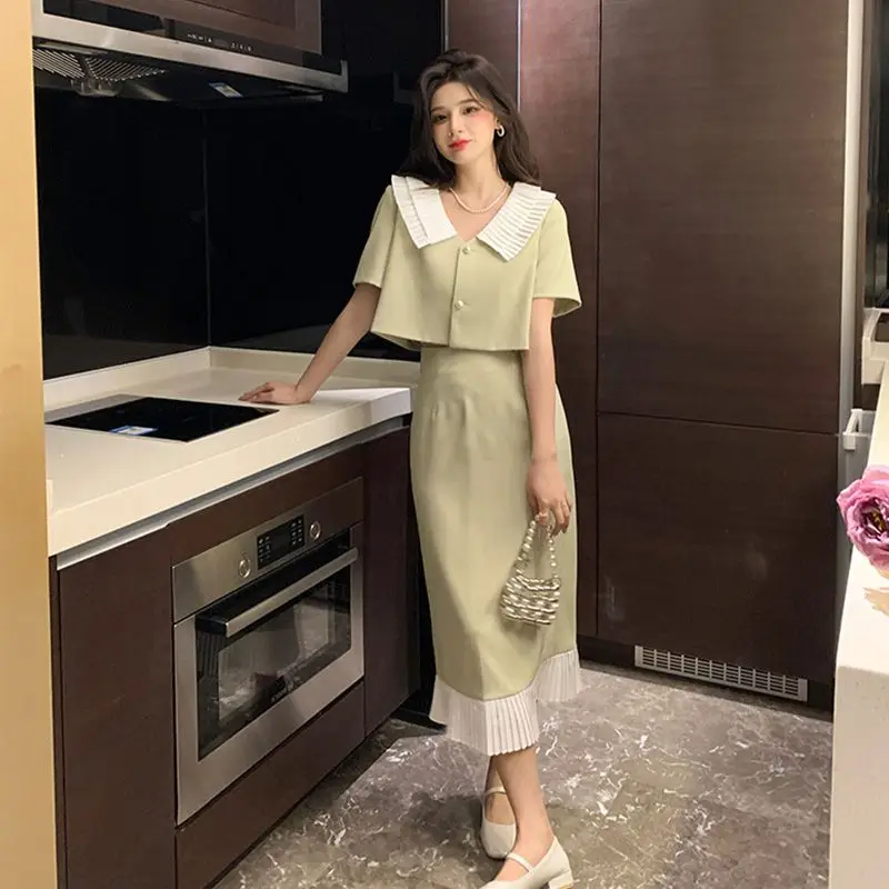 

Женский летний комплект из двух предметов: свободная блузка с коротким рукавом и юбка миди А-силуэта с цветными блоками, повседневный модный комплект для ежедневной носки