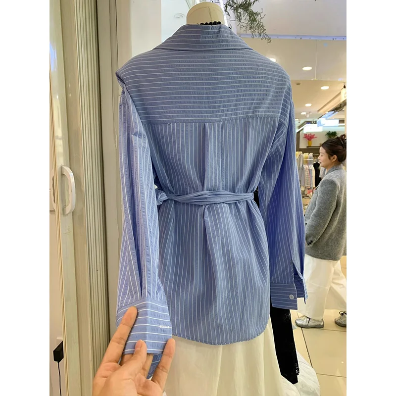 Women Clothing Lace-up Casual Striped Shirt Spring Autumn Office Lady Loose Casual Long Sleeve Top