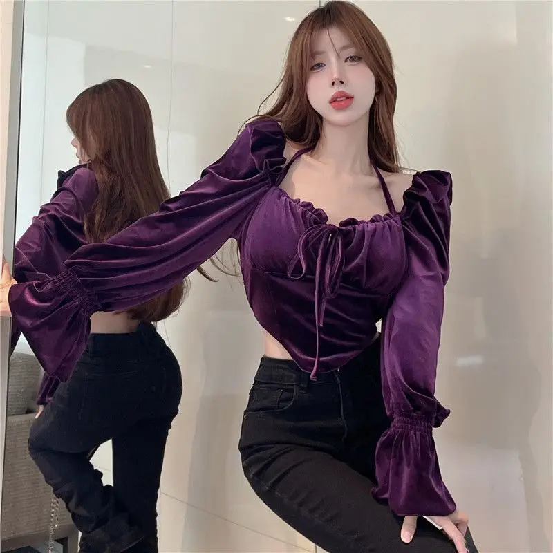 Blouses Women Autumn Slash Neck Slim Fit Hot Ladies Tender Korean Style Flare Sleeve Crop Tops All-match Folds New Chic Simple