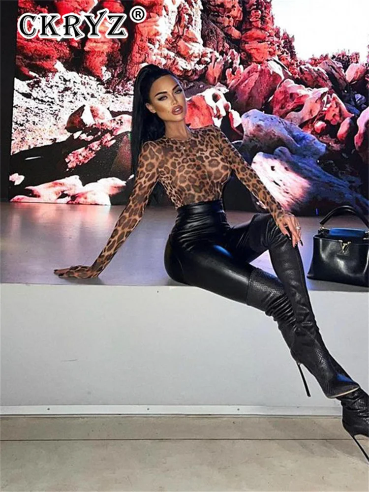 Ladies Autumn One Piece Leopard Print New Fashion Long Sleeve O-Neck Skinny Sexy Bodysuit Women Party Club Wear Y2K Fall Outfits