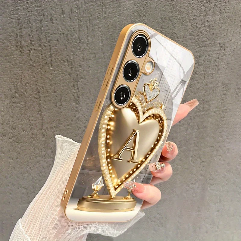 Fashion high-end heart-shaped letter "A" pattern glass phone case for Samsung Galaxy S26 S25 S24 S23 S22FE/Ultra/Plus drop Cover view 2
