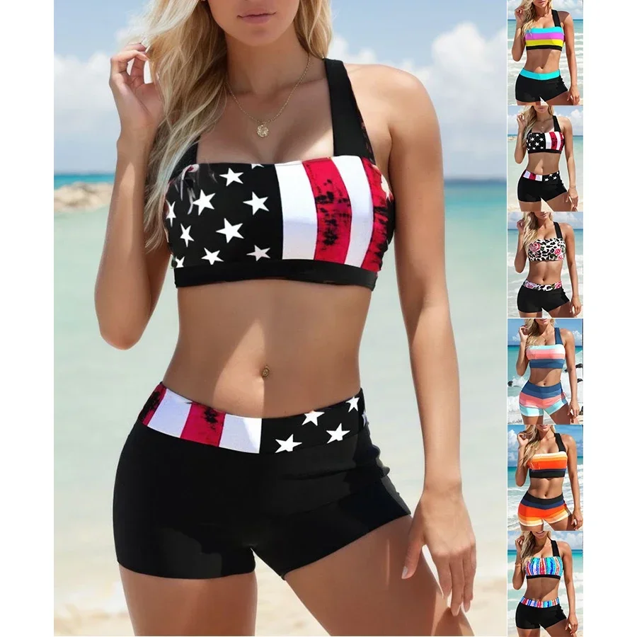 

New High Quality Summer Ladies Double Straps Swimsuit Ladies Fashion American Flag Print Vacation Beach Two-piece Swimsuit S-5XL