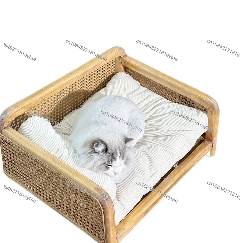 Handwoven Rattan Cat Bed Summer Breathable Pet Sofa Multi Functional Cat Hammock Space Saving Minimalist Lounge for Living Room