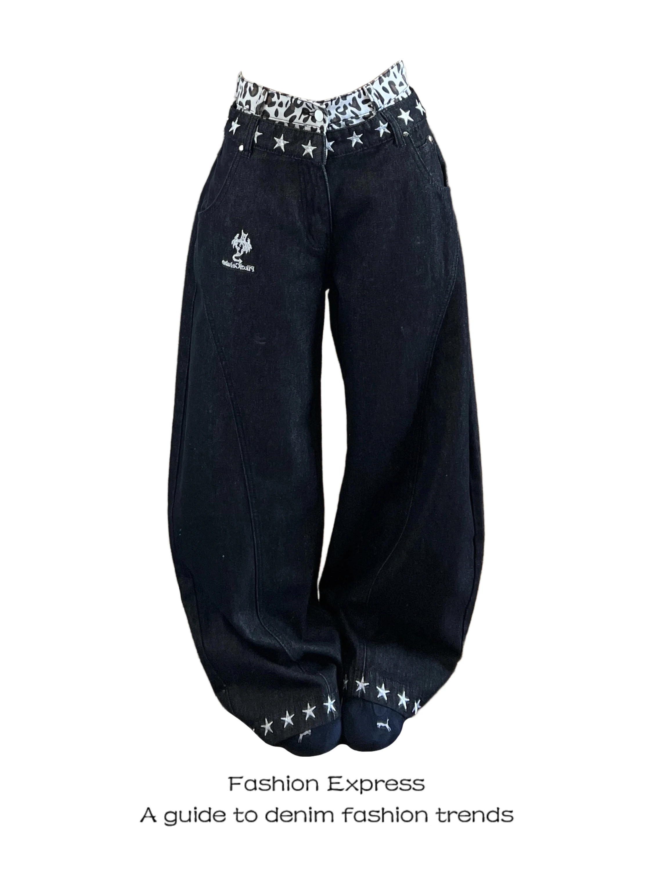 

Bla Denim Jeans Women's American Hot Girl Deconstructed Leopard Print Waist Patchwork Vintage Star Print Floor-Length Pants