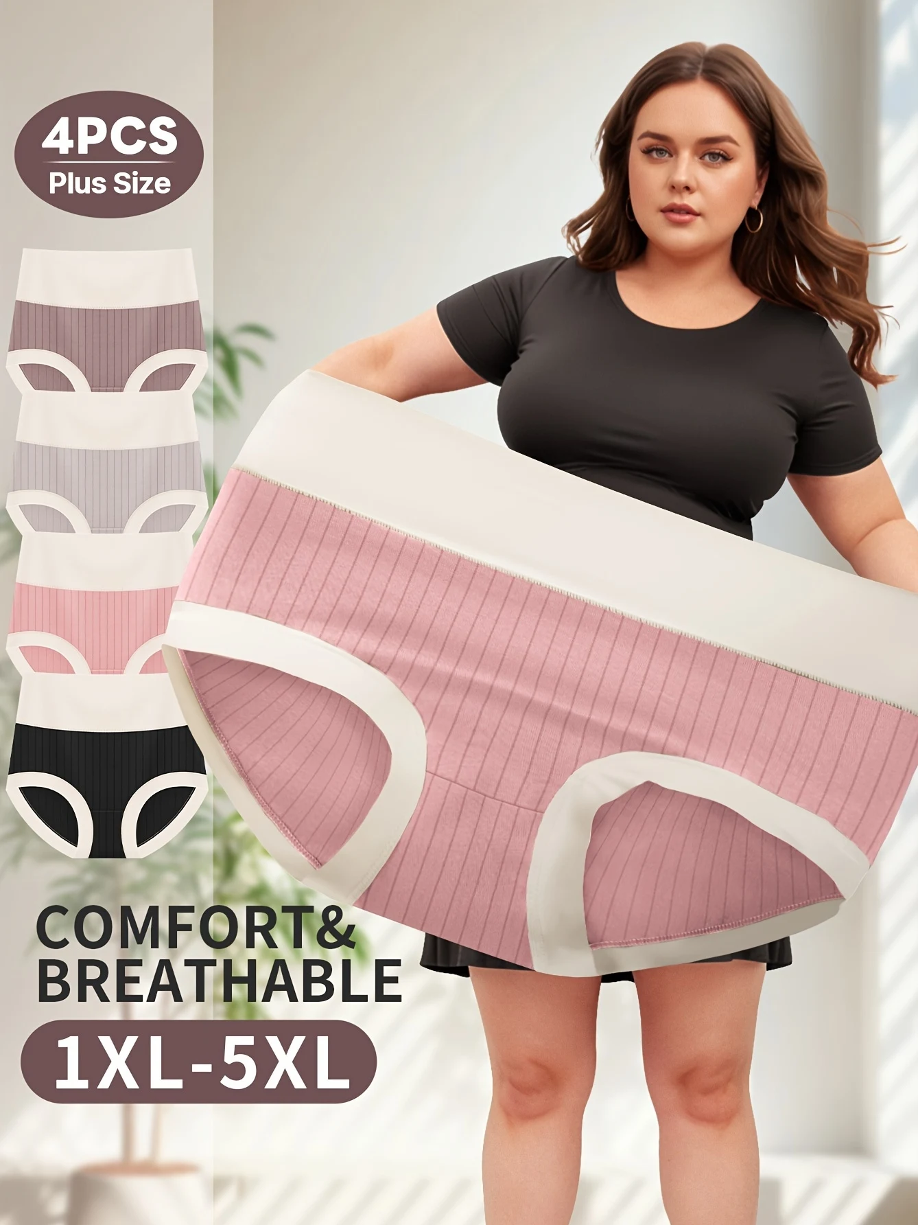 4 Stück Plus-Size-Shapewear-Höschen mit hoher Taille und Bauchkontrolle, gestreifte, bequeme Passform mit Po-Lift – Mischung, Dreieckshöschen,