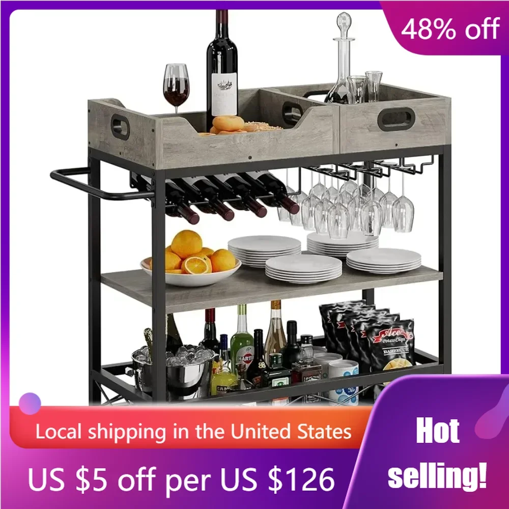 Wine Rack Industrial Serving Cart for Kichen Home and Kitchen Two Portable Trays Glasses Holder Barware Dining Bar Freight free