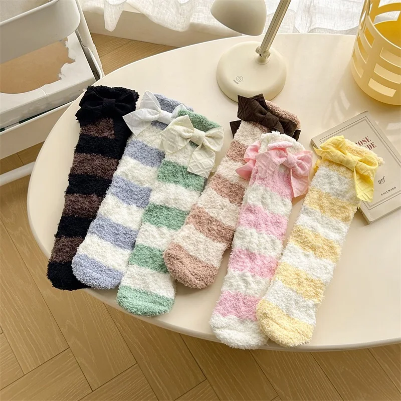 

Kids Girls Slipper Socks Striped Soft Thick Cozy Fuzzy Socks with Cute Bow Winter Warm Plush Home Socks for Indoor