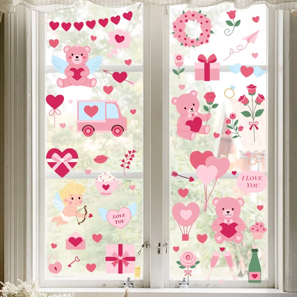 For Valentine's Day Red Valentine Stickers Window Stickers Heart Bear Decor Bear And Floral Patterns PVC Material view 3
