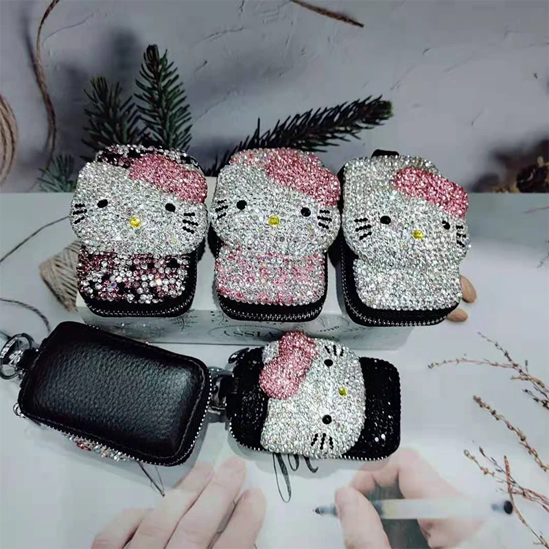 Sanrio Kawaii Y2K Hello Kitty Anime Diamond Car Key Case Shiny Keychain Accessories Portable Cartoon Cute Girl Decoration Gifts