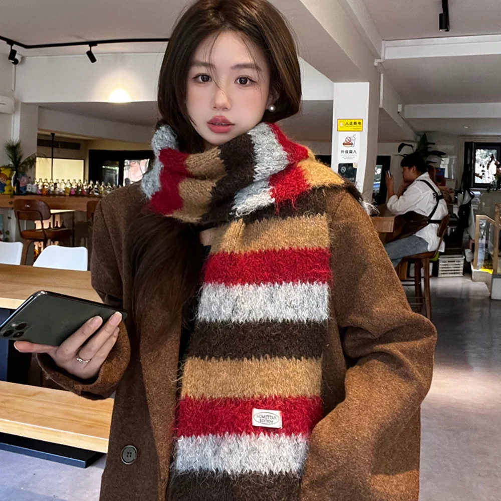 Striped Contrast Color Scarf With Wool Knitted Autumn and Winter Warm Versatile Woolen Scarf Neck Warmer Neckerchief Versatile