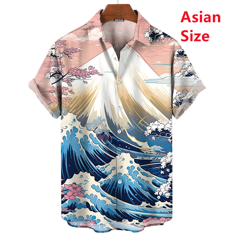 Japanese Style Sea Wave Graphic Beach Shirts For Mens Casual Short Sleeve Button Hawaiian Shirts Tops Men's Vacation Shirt Tees