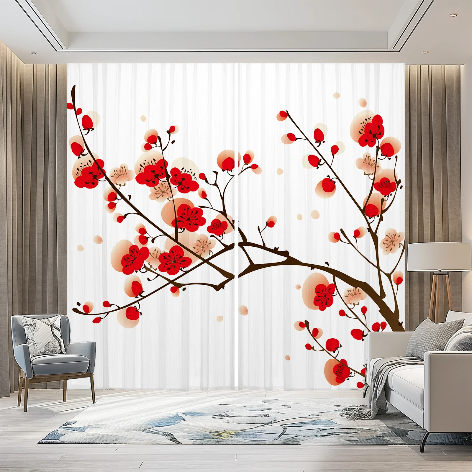 

2pcs Chinese Style Plum Blossom Flowers Sheer Curtains For Living Room Bedroom Decor Kitchen Window Voiles Tulle Curtain