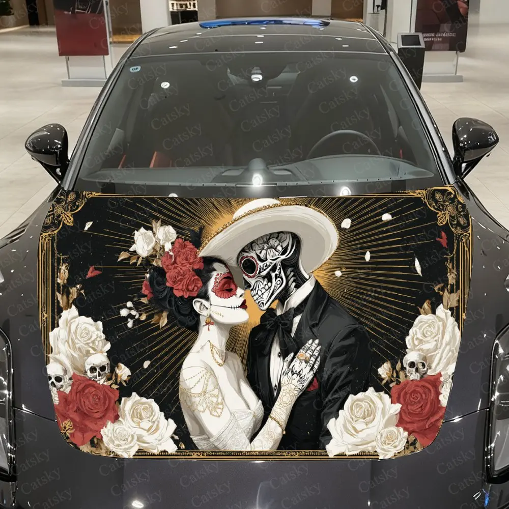 Tattooed Skull Couple Car Vinyl Wrap, PVC Waterproof Car Hood Sticker, Self-Adhesive Scratch-Resistant Stickers