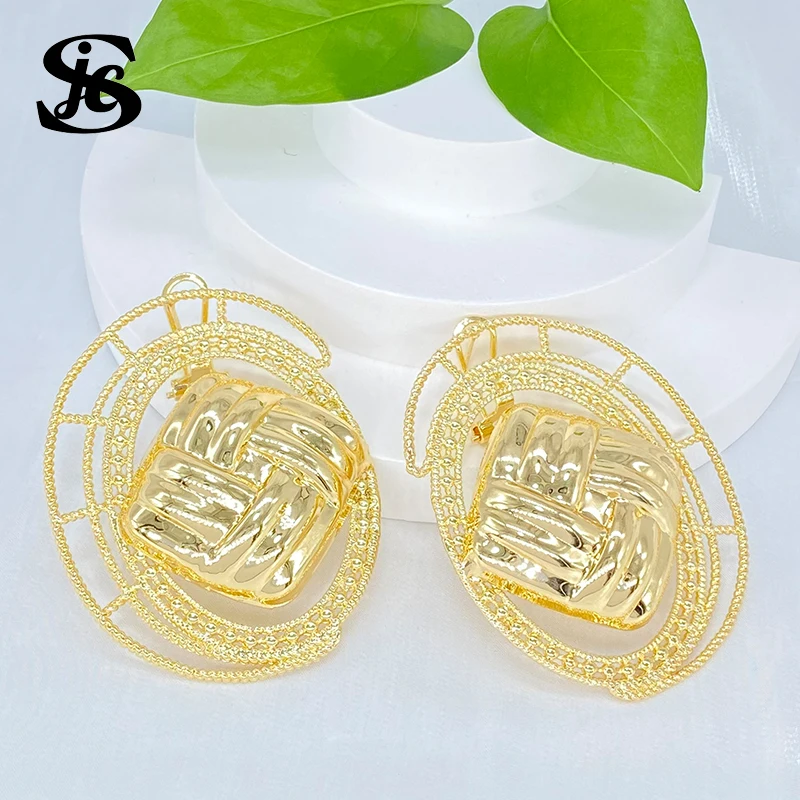 Dubai New Fashion Clip Earrings 18K Gold Plated Square Inlay Round Shape Exquisite&Luxury Big Earrings For Women Wedding