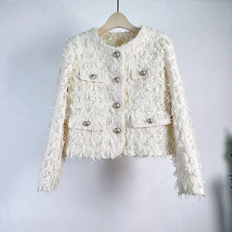 Women White Small Fragrance Short Coat Spring High Quality French O Neck Tassel Long Sleeve Casual Sweet Tweed Lady Pink Jacket