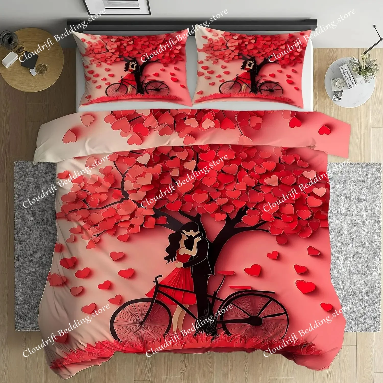 Red Heart Bedding Set  with Pillowcover,Romantic Couple Duvet Cover 3D Print ,Valentine's Day Decorative Comforter Cover