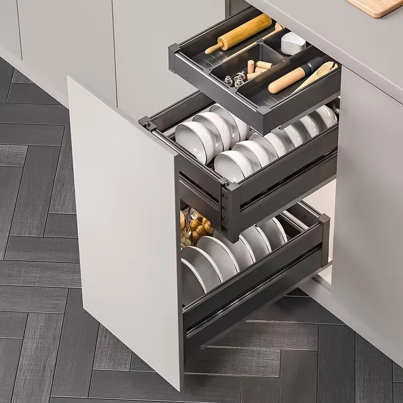 Cabinet pull-out basket drawer type three-layer kitchen aluminum alloy small size dish rack double-layer condiment spice