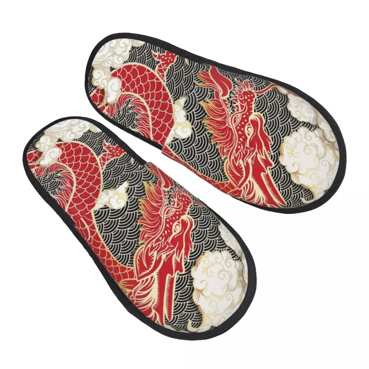 Chinese Red Dragon Totem Pattern Soft Memory Foam House Slippers Women Tradition Asian Style Cozy Warm Anti-Skid Slipper
