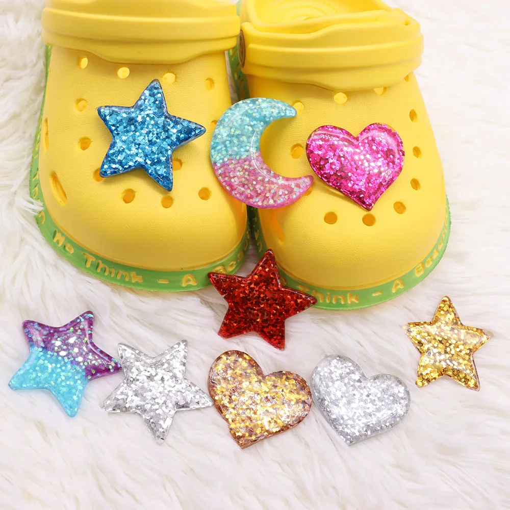 1pcs Resin Sequin Colorful Heart Star Moon Sandals Shoe Accessories Designer Decorations Charms DIY Wristbands Fit Party Gift