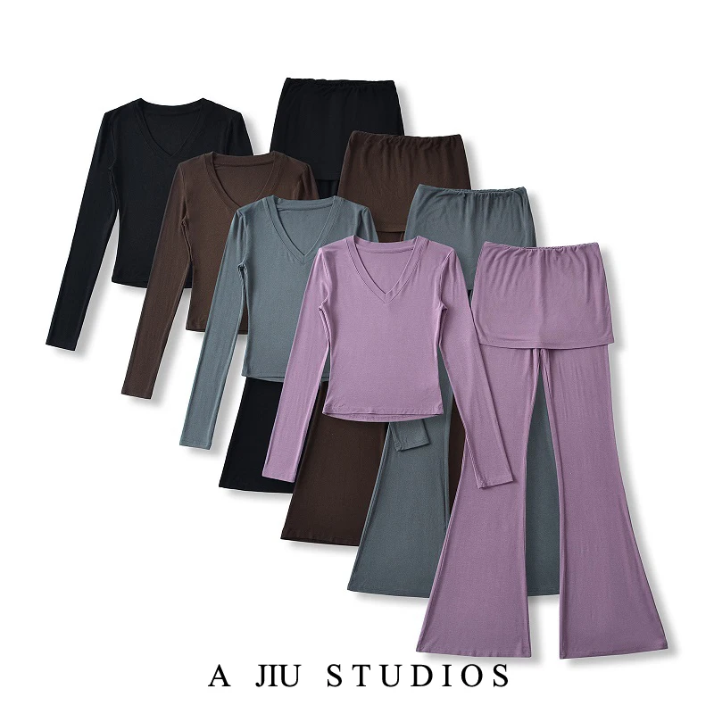 

Elastic V-Neck Long Sleeve T-Shirt High Waist Flared Pants Set Floor-Length Casual Sporty Two-Piece Women's Fashion Outfit