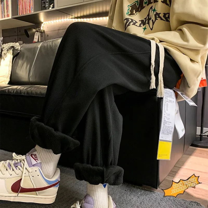 

Men's Winter Thiened Fce Lined Casual Trousers Harlan Sport Pants Straight Leg Anti-Wrinkle Youthful Sle Basic Color