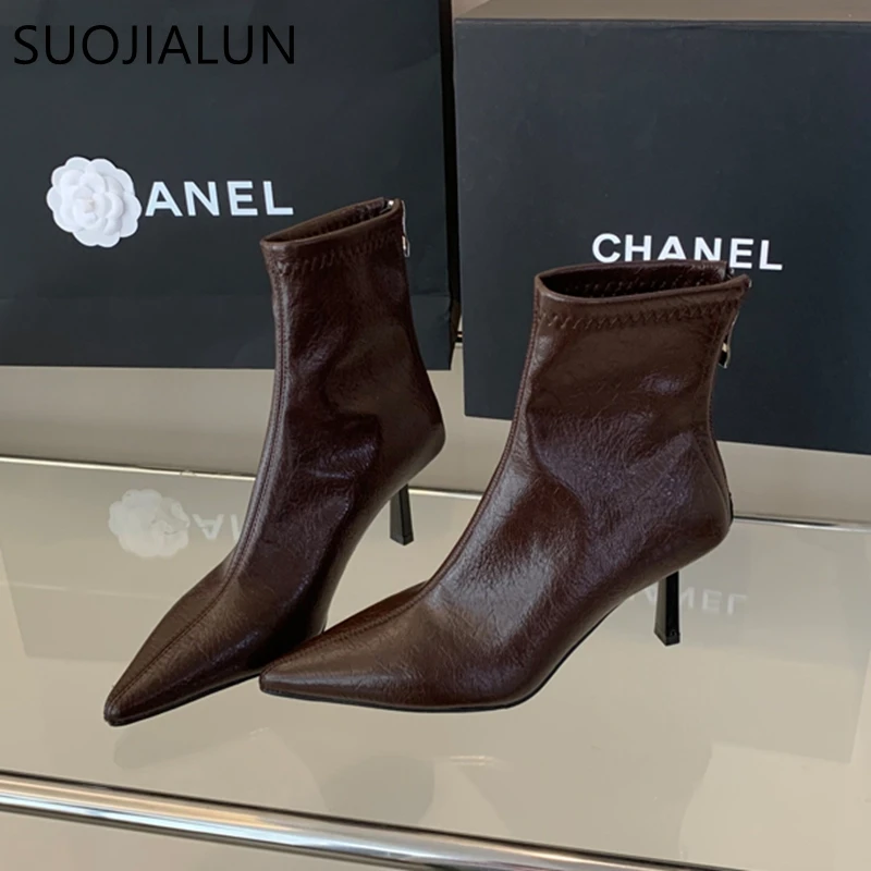 SUOJIALUN 2024 Winter New Brand Women Ankle Boots Fashion Pointed Toe Ladies Elegant Short Boots Shoes Thin High Heel Chelsea Pu