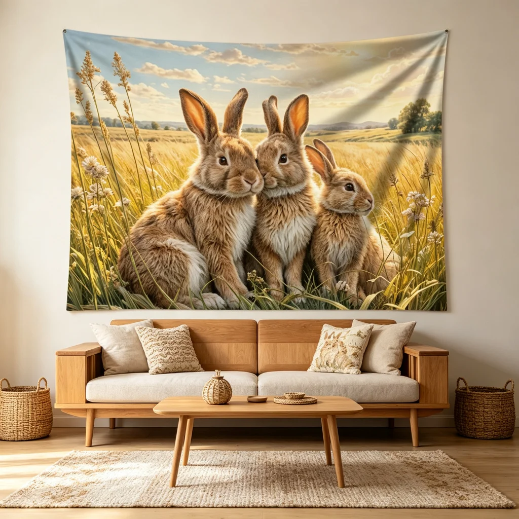 1PC Brown Bunnies Wheat Field Sunset Print Backdrop Banner, Bedroom Living Room Photo Background, Polyester, Home Decor, Wall Ar