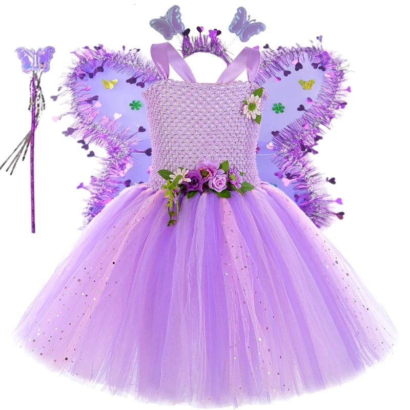 Robe tutu de fée à fleurs violettes enchantées avec des ailes délicates, jupe en maille superposée, tenue de cosplay sur le thème de la forêt pour les petites filles