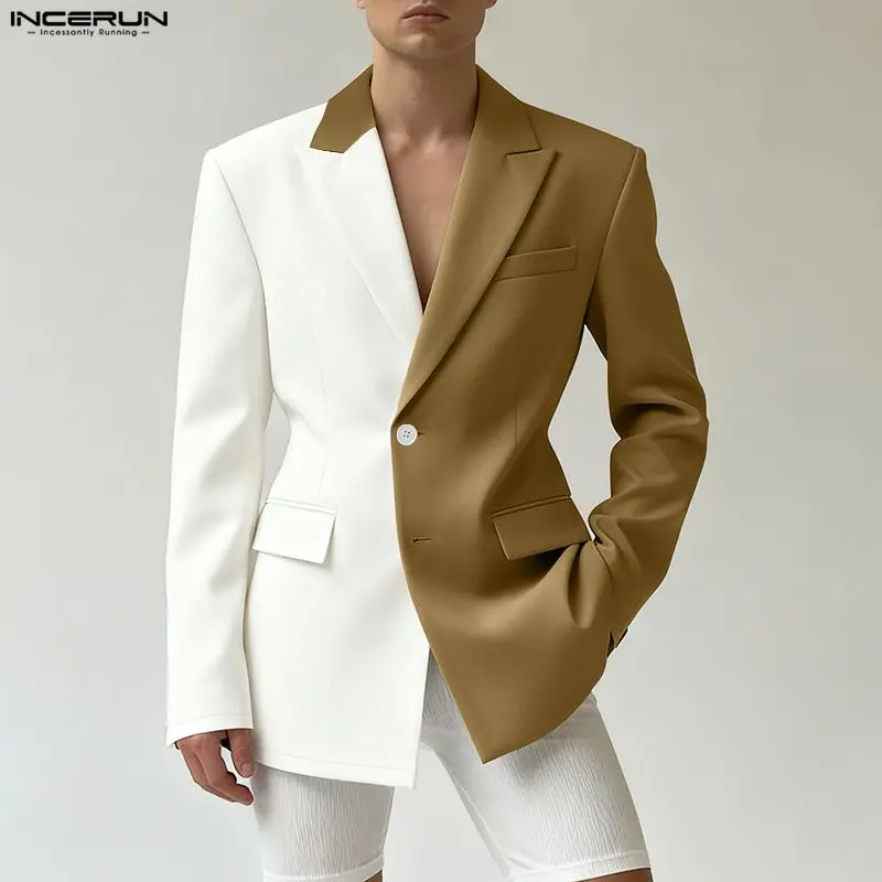 INCERUN Giacca da uomo Patchwork Risvolto Manica lunga Backless Per il tempo libero Abito maschile Streetwear Moda Casual Cappotti sottili Giacca da uomo S-3XL