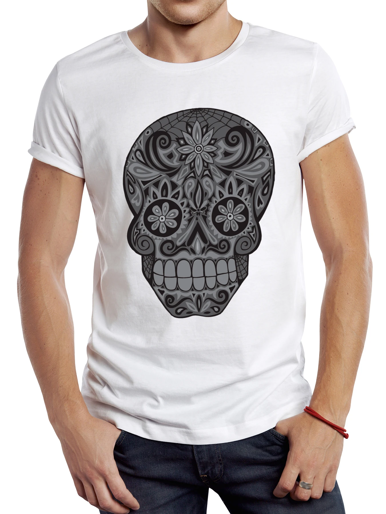 

FPACE Fashion Trend Vintage Skull Calavera Printed T-Shirt Men's Short Sleeve T-Shirt Casual Versatile Tops