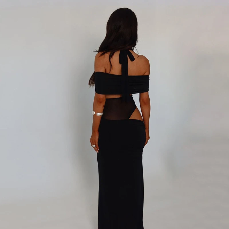 Street Style Backless Halter Neck Straight Dress 2026 Summer Sexy Black Slim Hollow Out Dresses Streetwear Pleated Long Dress