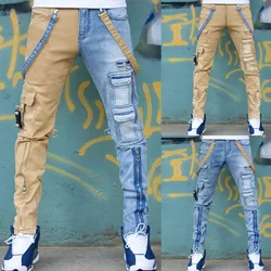New arrive men's slim khaki blue jeans high quality pockets decoration street fashion casual pants stylish sexy cargo jeans men;