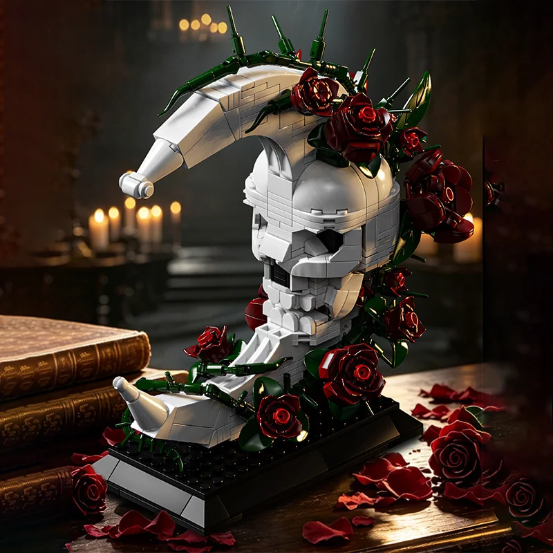 MOC Gothic Skull Moon Rose Dark Romantic Building Blocks  Assembly Decor Rose Model Ornament Blocks Birthday Christmas Gift view 5