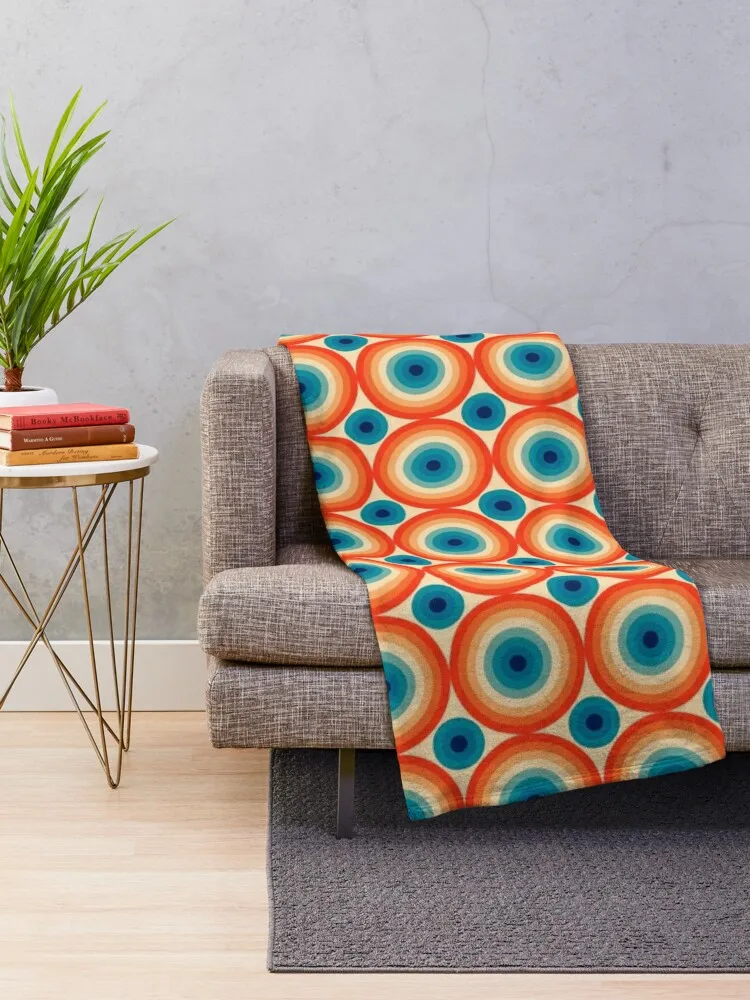 70s Polka Eye illusion Dot Pattern in Orange and Blue Throw Blanket Decorative Sofas Thermal Designers Bed Blankets