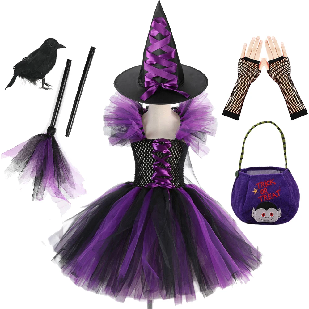 Halloween Maleficent Costume for Kids Carnival Party Clothes Set Witch Evil Queen Cosplay Ball Gown Robe Girls Tulle Tutu Dress