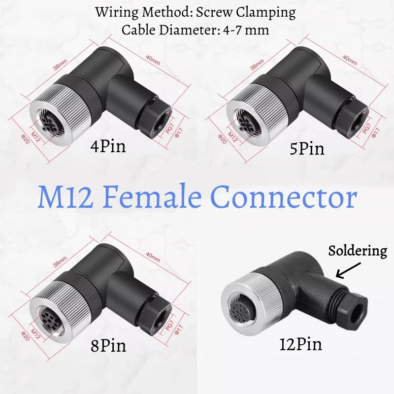 M12 Waterproof Aviation Plug Socket 4 5 8 12 Pin Male/Female Straight/right Angle Solderless Power Connector PG7 Charger