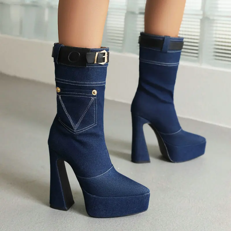 Denim Jeans Blue Black Pointed Toe Western Goth Women Shoes Winter Buckle Belt Mid-calf Platform High Heels Boots With Pocket