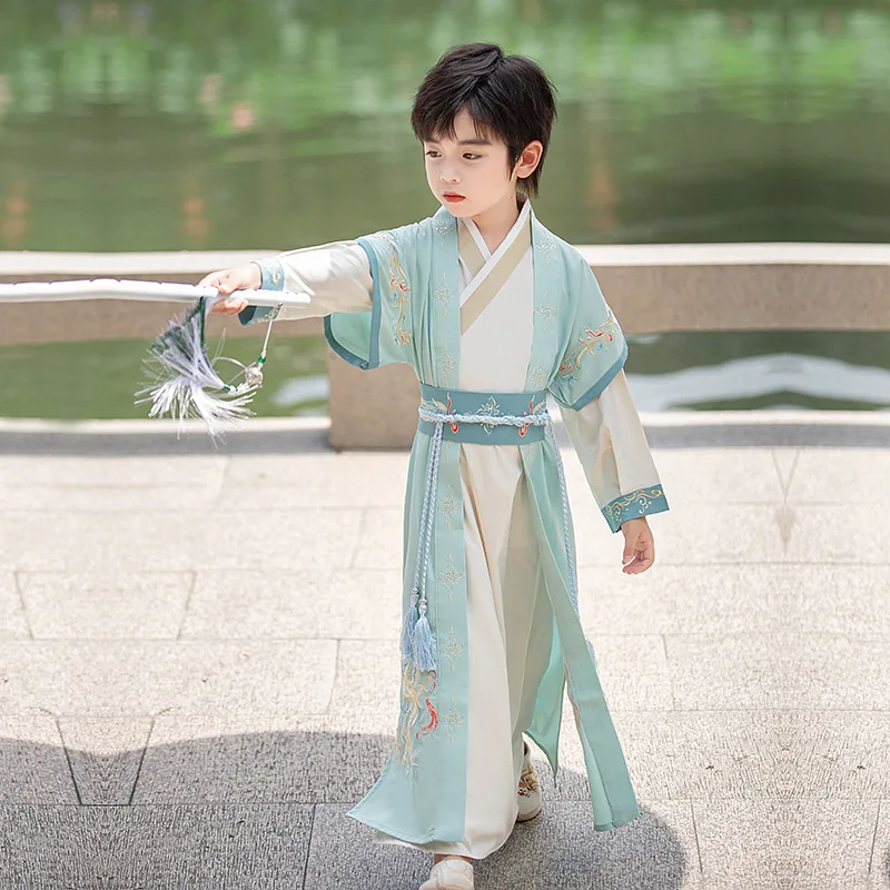 Ancient Chinese Hanfu Suit Vinatge Kids Traditional Dance Perform Costume Boy Martial Arts Kimono Student Uniform Cosplay