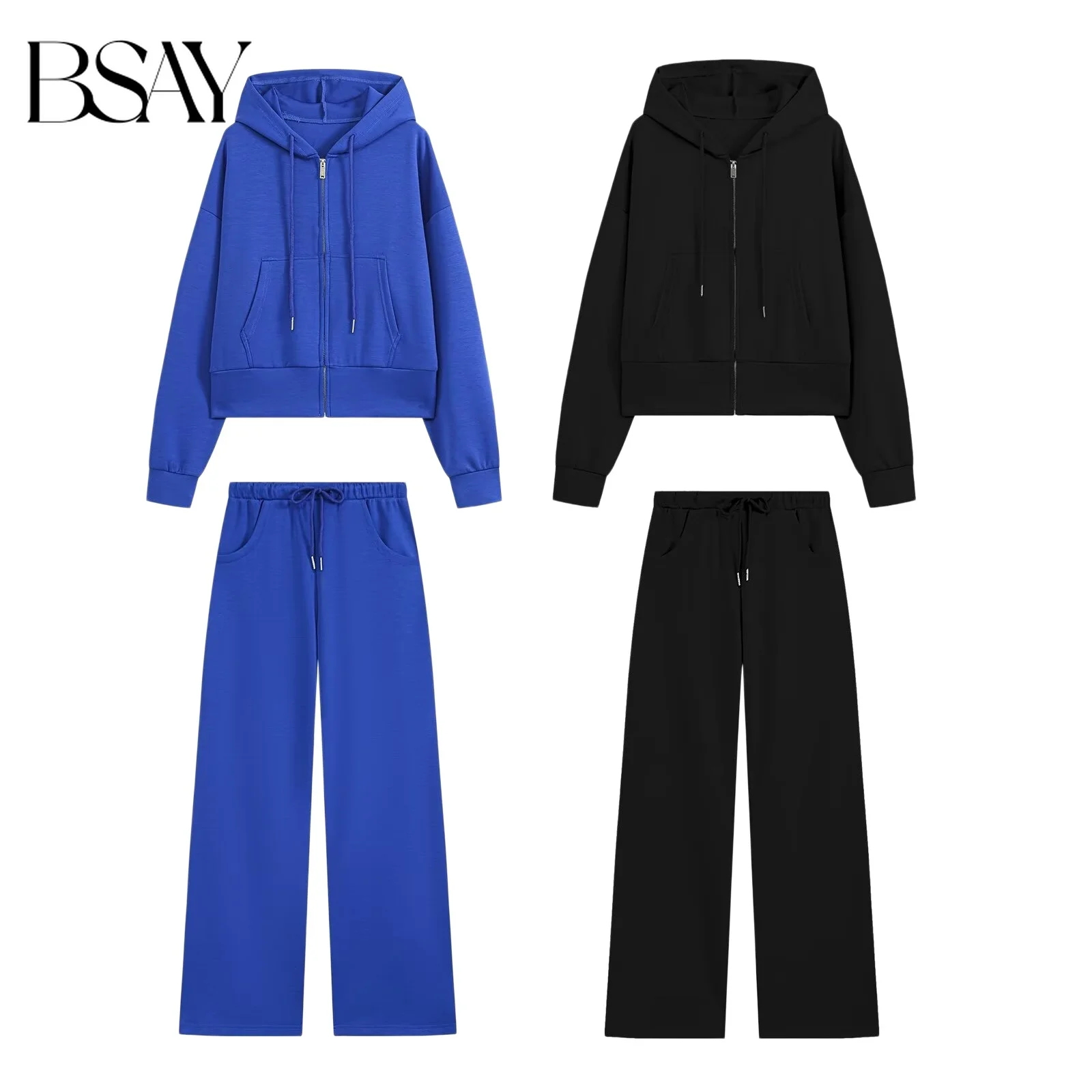 BSAY 2026 Women 2‑Piece Tracksuit Set Zip Up Hooded Cropped Sweatshirt Drawstring Wide Leg Pants Casual Sports Matching Outfits