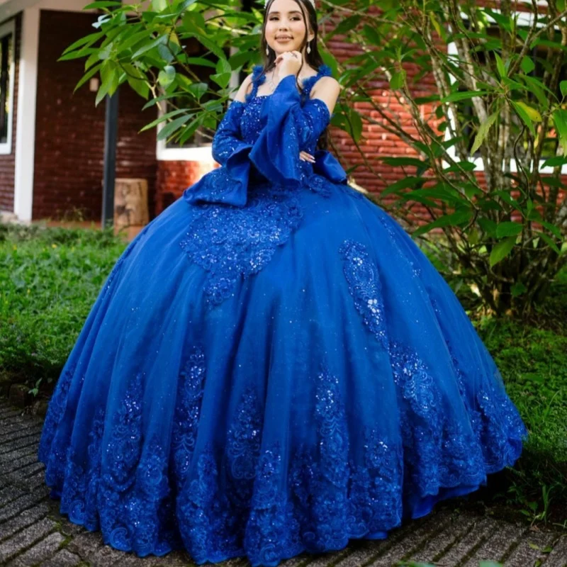 

Shiny royal blue Quinceanera Dress Lace crystal glitter decal Bow vestidos de 15 Quinceanera ﻿Customized