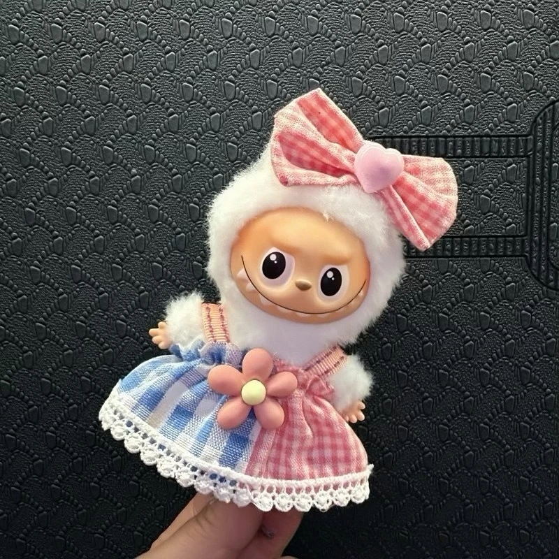 Cute Pink Checkered Skirt Clothes for 10cm Labubu V4 Checkered Denim Bib Suit for Mini Labubu 4.0 Doll Outfit for Ropa Labubu