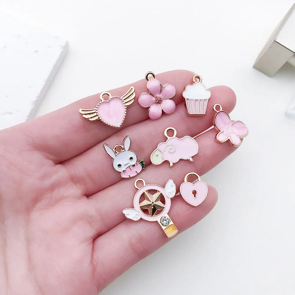 10PCS Pink Drip Oil Color Alloy Enamel Cute Heart Flower Animal Charms Pendant For Dly Earrings Bracelet Jewelry Accessories