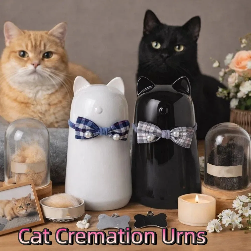 

Керамическая урна для праха питомца в форме кошки с бантом, ручной работы, декоративная, для кремации кошек и собак