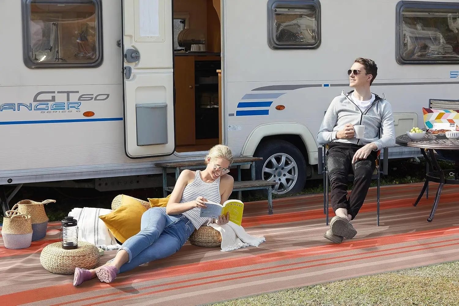 RV Comfort Sand-Free Outdoor Mat – (XS) 4’ x 5’– Earthy Dynamic – Smooth PVC Top Patio Mat for RV, Camping, Awning & Outdoor Liv