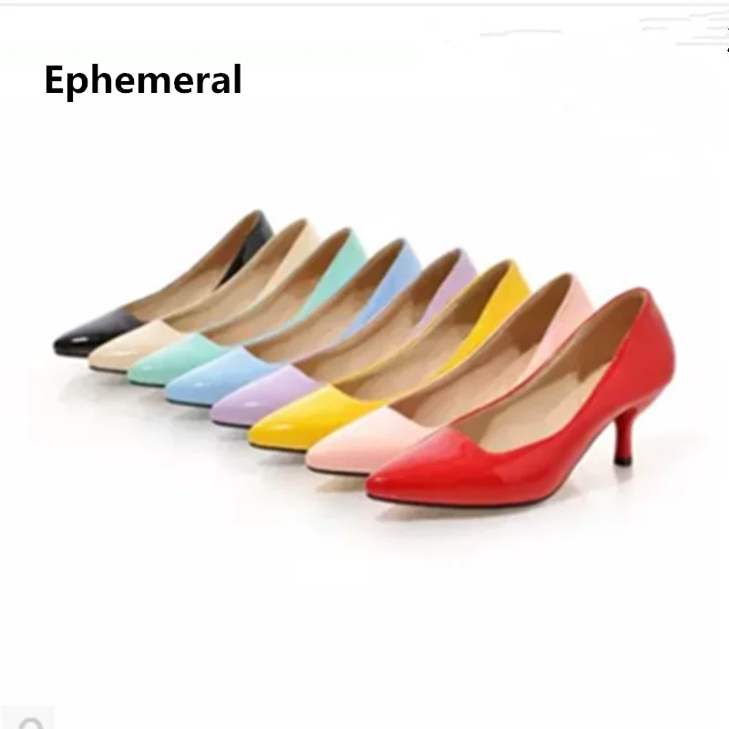Femme Shiny Leather Pumps With Sewing 6cm Med Kitten Heels Shoes Null Stilettos Pointy Toe Slip-Ons Purple Green Red 28cm 32-48