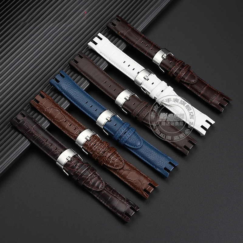 

YRS strap For Swatch leather strap YRS403 412 YRS406 401 YRS402G 418 curved end bands men's 21mm Brown Blue watch band bracelet
