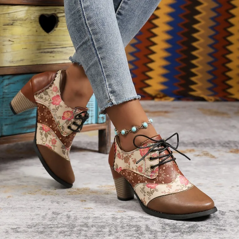 

Designer Boots Fashion Women High Heeled Boots Retro Print Design Ankle Boots Light PU Leather Womens Casual Booties Botas Mujer
