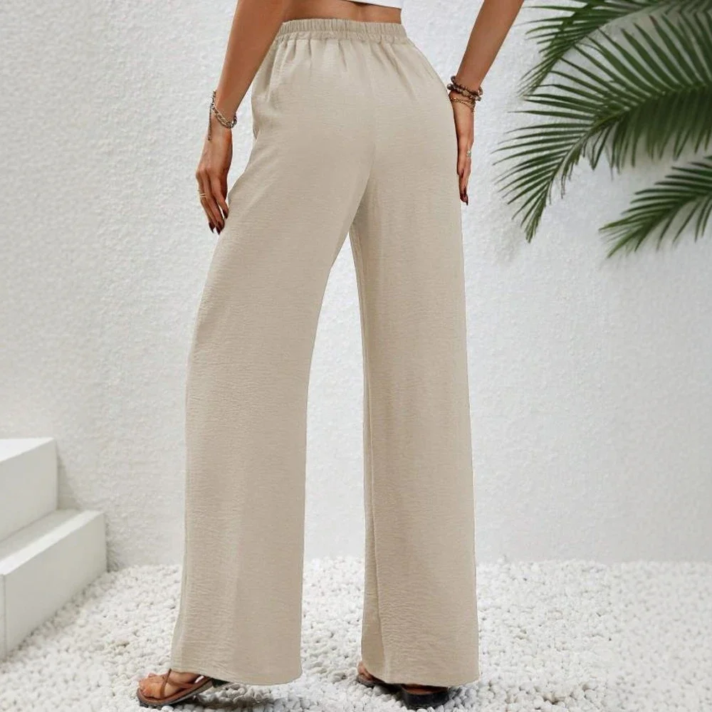 السراويل النسائية الصيف K-Fashion عارضة الدانتيل متابعة كامل طول عالية الخصر مرونة الخصر واسعة الساق السراويل الأساسية اليومية #4